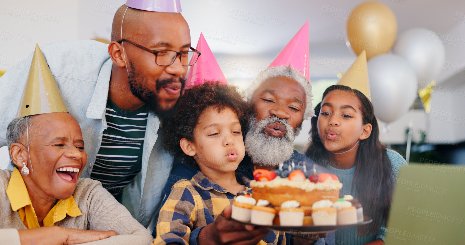 Buy stock photo Birthday cake, smile and family at party celebration together at modern house with candles and cake. Happy, excited and young children with African father and grandparents for sweet dessert at home.