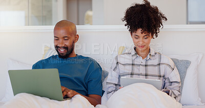 Buy stock photo Home, bed and black couple with a laptop, technology and smile with love, internet and streaming a movie. Bedroom, apartment or man with woman, connection or film with bonding, happy and marriage