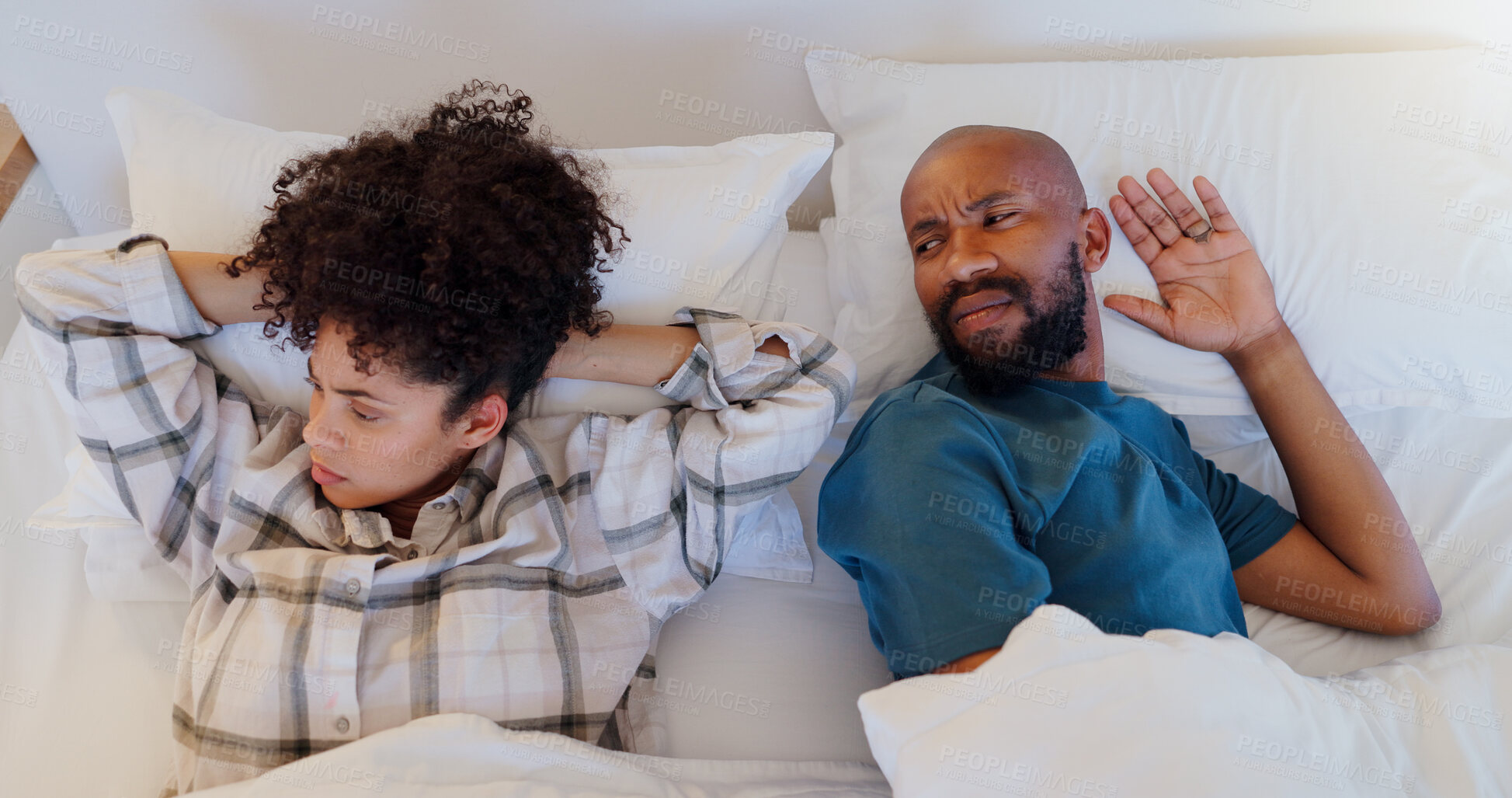 Buy stock photo Frustrated couple, bed and ignore in divorce, argument or disagreement for breakup, fight or conflict at home. Man and woman in cheating affair, toxic relationship or mistake for drama in bedroom