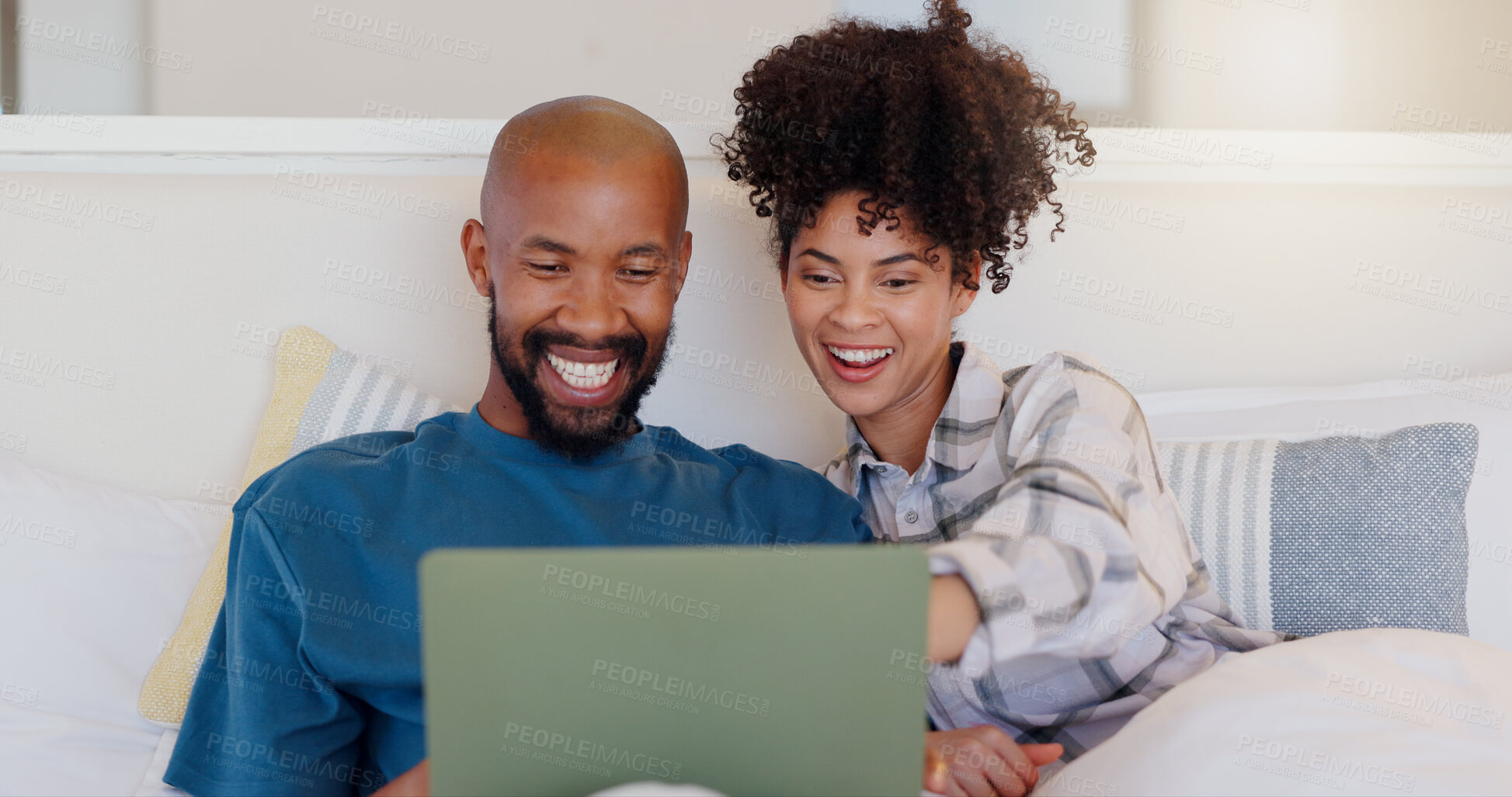 Buy stock photo Home, bed and black couple with a laptop, relax and smile with love, internet and streaming a movie. Bedroom, apartment or man with woman, connection or film with website for comedy, happy or bonding