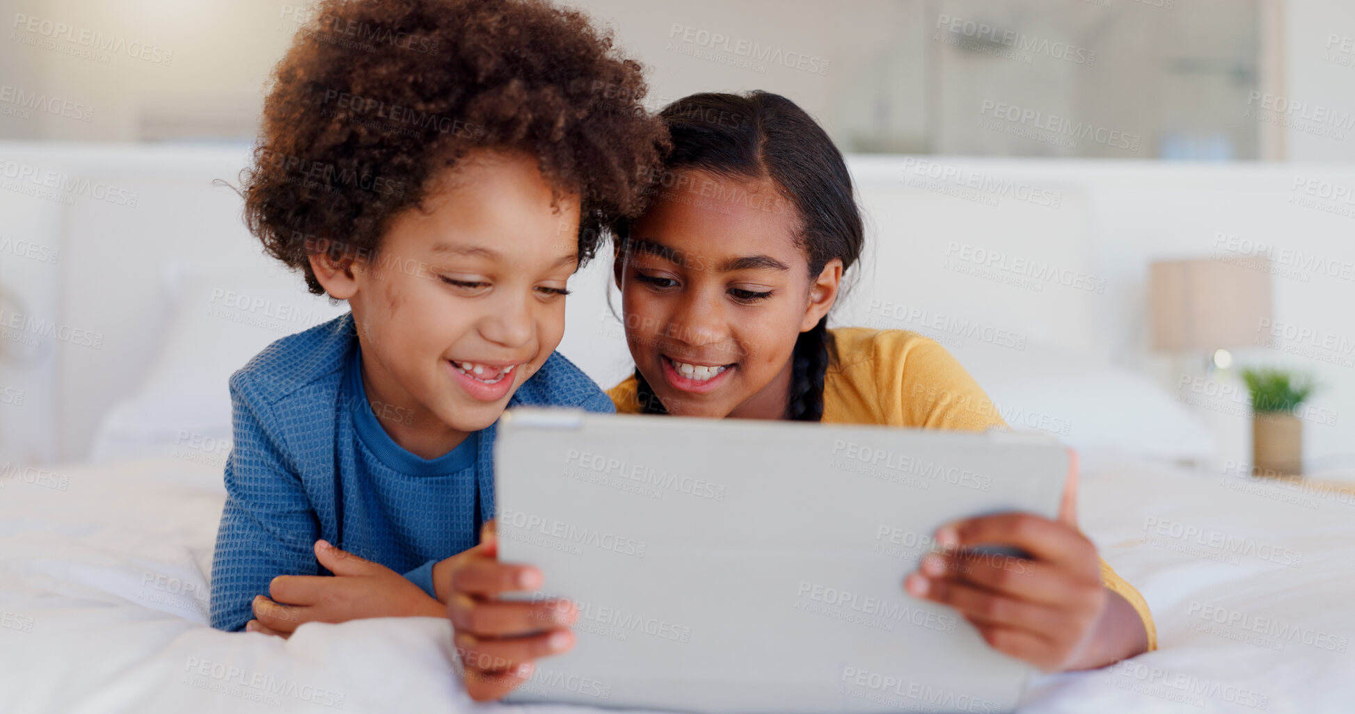 Buy stock photo Happy children, tablet and bed for streaming entertainment, morning or holiday weekend together at home. Little boy, girl or siblings smile on technology for watching, games or online series at house