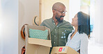 Real estate, box and love with a black couple moving house for growth, investment or mortgage. Property, smile or happy with a man and woman in their new home or apartment together for romance