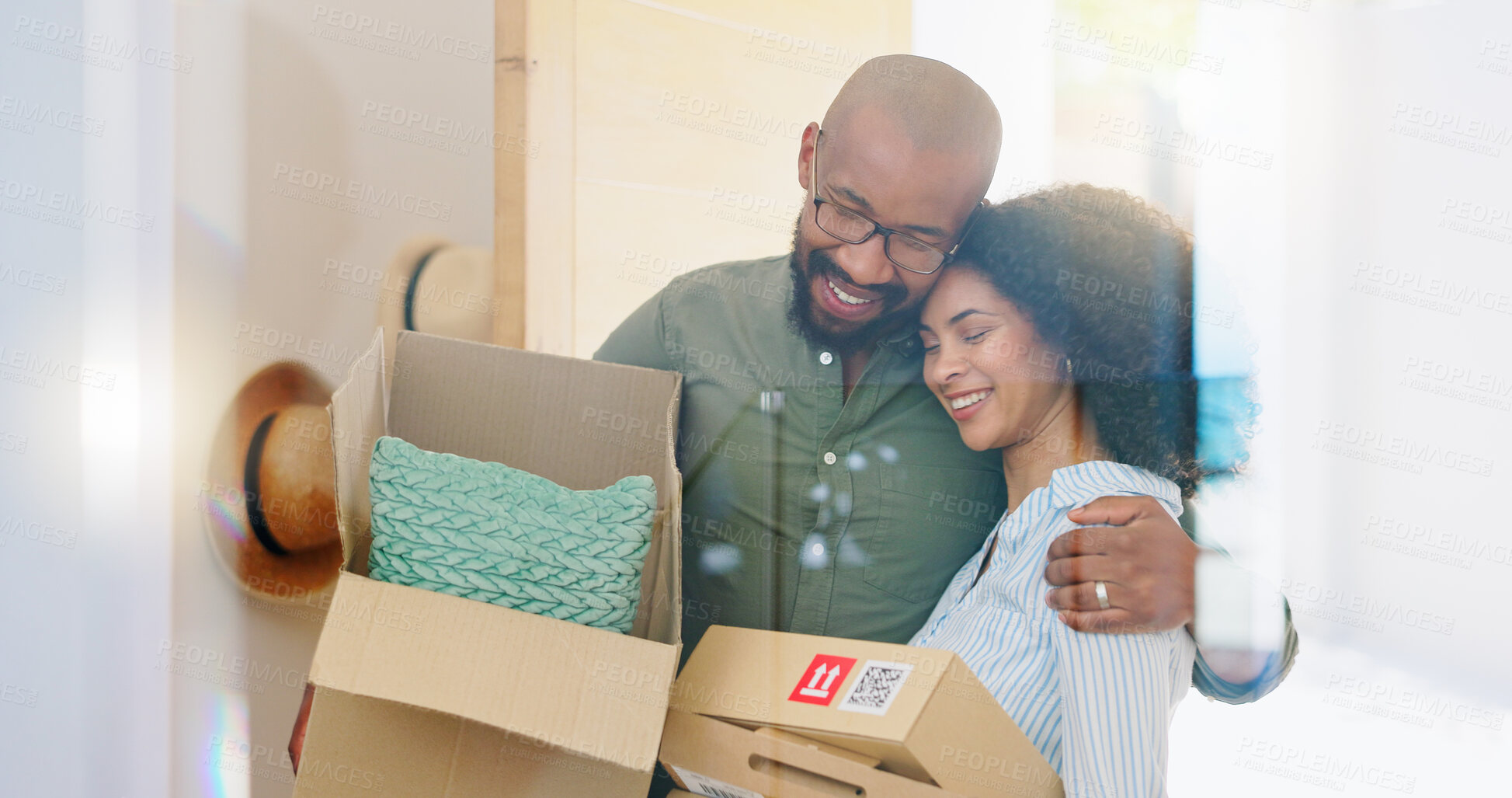 Buy stock photo Real estate, box and hug with a black couple moving house for growth, investment or mortgage. Property, love or smile with a happy man and woman in their new home or apartment together for romance