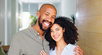 African couple, smile and hug at front door in portrait with pride, care and bonding at new home. Man, woman and happy together with embrace, love and investment with property, real estate or house