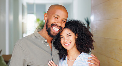 Buy stock photo African couple, smile and hug at front door in portrait with pride, care and bonding at new home. Man, woman and happy together with embrace, love and investment with property, real estate or house