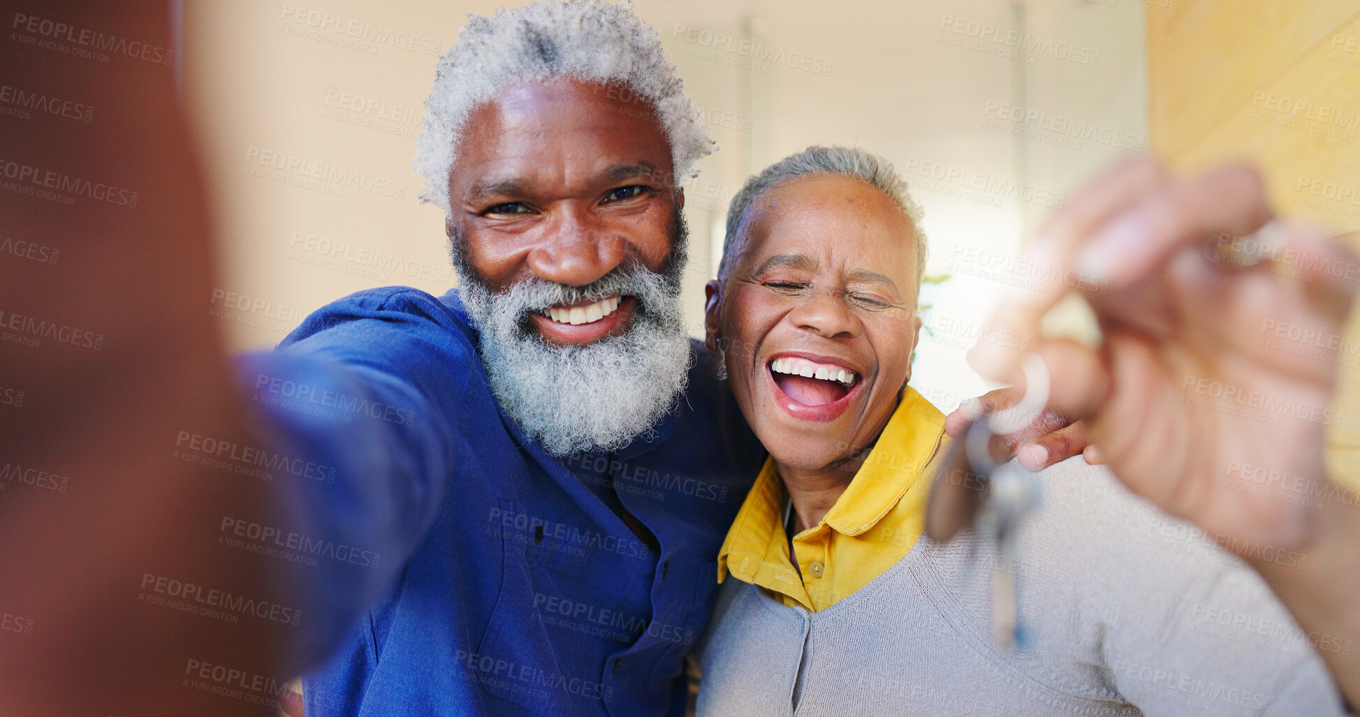 Buy stock photo Senior couple, selfie and keys at front door, new home or excited with pride, care or moving. African woman, man and happy together for portrait, love or investment in property, real estate or house