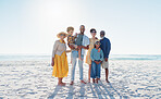 Portrait, beach and family with vacation, love and smile with weekend break, getaway trip and sunshine. Summer, grandparents and mother with father, children and seaside with kids, holiday and water