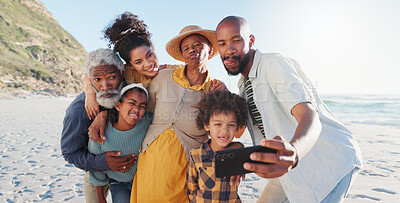 Buy stock photo Selfie, hug and happy family at a beach for travel, fun or adventure in nature together. Love, profile picture and African kids with parents and grandparents at the sea for summer, vacation or trip