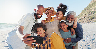 Buy stock photo Love, selfie and happy family at a beach for travel, fun or adventure in nature together. Ocean, profile picture and African kids with parents and grandparents at the sea for summer, vacation or trip