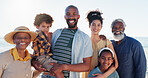 Portrait, beach and family with vacation, summer and smile with weekend break, getaway trip and sunshine. Love, grandparents and mother with father, children and seaside with kids, holiday and water