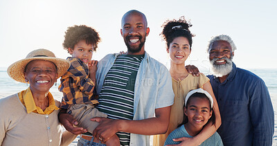 Buy stock photo Portrait, beach and family with vacation, summer and smile with weekend break, getaway trip and sunshine. Love, grandparents and mother with father, children and seaside with kids, holiday and water