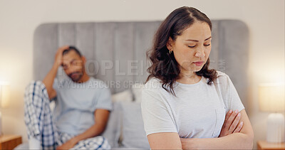 Buy stock photo Frustrated couple, bed and fight in conflict, disagreement or argument for divorce or breakup at home. Man and woman ignore in cheating affair, toxic relationship or mistake for drama in bedroom