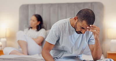 Buy stock photo Frustrated couple, bed and divorce in fight, conflict or disagreement from argument or breakup at home. Man and woman ignore in cheating affair, toxic relationship or mistake for drama in bedroom