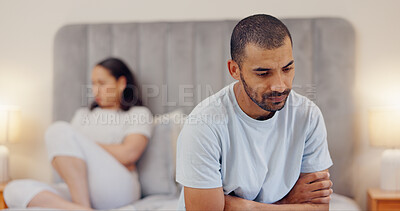 Buy stock photo Frustrated couple, bed and breakup in fight, conflict or disagreement from argument or divorce at home. Man and woman ignore in cheating affair, toxic relationship or mistake for drama in bedroom