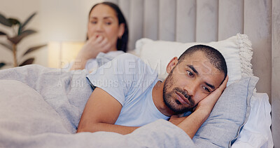 Buy stock photo Frustrated couple, bed and divorce in argument, disagreement or breakup from fight or conflict at home. Man and woman ignore in cheating affair, toxic relationship or mistake for drama in bedroom