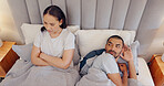 Frustrated couple, ignore and bed in divorce, fight or conflict from disagreement, argument or breakup at home. Man and woman in cheating affair, toxic relationship or mistake for drama in bedroom