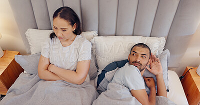 Buy stock photo Frustrated couple, ignore and bed in divorce, fight or conflict from disagreement, argument or breakup at home. Man and woman in cheating affair, toxic relationship or mistake for drama in bedroom