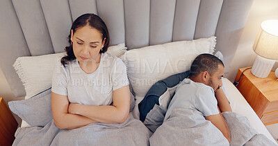 Buy stock photo Frustrated couple, ignore and bed in breakup, fight or conflict from disagreement, argument or divorce at home. Man and woman in cheating affair, toxic relationship or mistake above in bedroom drama