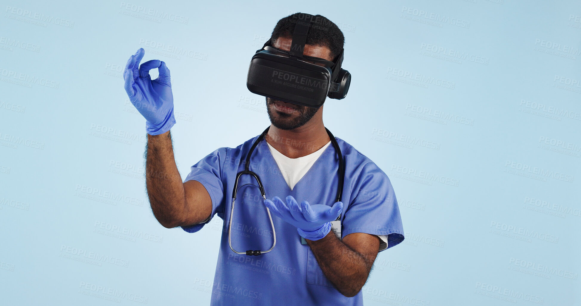 Buy stock photo Nurse, man and virtual reality glasses for surgery, healthcare innovation and surgeon on a blue studio background. Doctor, medical and professional with VR eyewear, future and tech with digital app