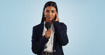 Woman, portrait or tv reporter in studio talking, speaking on talk show or media on blue background. Breaking news, press or Indian presenter presenting live global political events with microphone