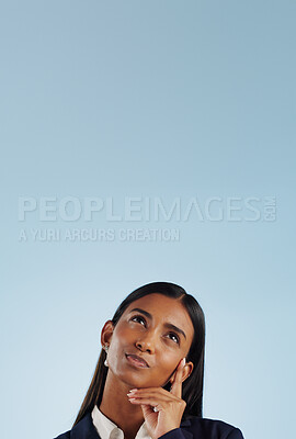 Buy stock photo Thinking mockup, solution or businesswoman in studio for problem solving space on blue background. Ideas, doubt or decision with an attorney or lawyer contemplating a thought, choice or legal option