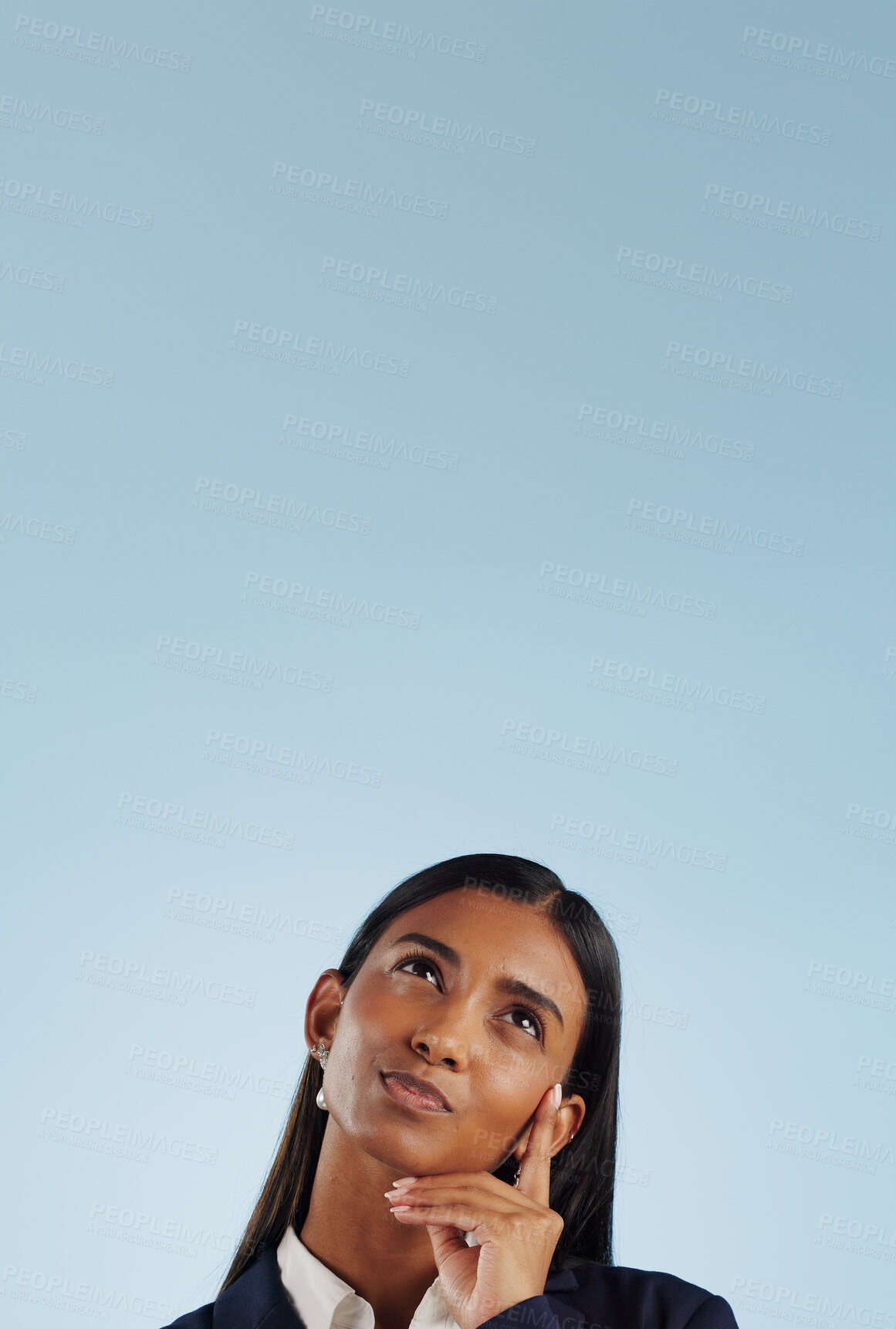 Buy stock photo Thinking mockup, solution or businesswoman in studio for problem solving space on blue background. Ideas, doubt or decision with an attorney or lawyer contemplating a thought, choice or legal option