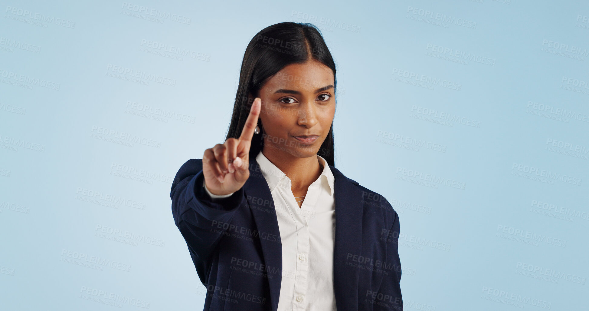 Buy stock photo No, finger and portrait of business woman in studio with limits warning, control or order on blue background. Stop, hands and face of female lawyer with threat, security or compliance fail sign