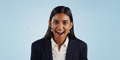 Buy stock photo Surprise, excited or portrait of woman in celebration for a business deal on blue background. Wow, goals or shocked Indian lady with smile, victory success or reward in entrepreneurship or studio