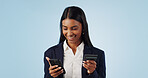 Happy business woman, phone and credit card for payment or online shopping against a blue studio background. Female person or employee smile with mobile smartphone in banking or transaction on mockup