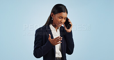 Business, phone call and woman with stress, angry and employee isolated on a blue studio background. Mockup space, person and entrepreneur with a smartphone, connection and frustrated with emotions
