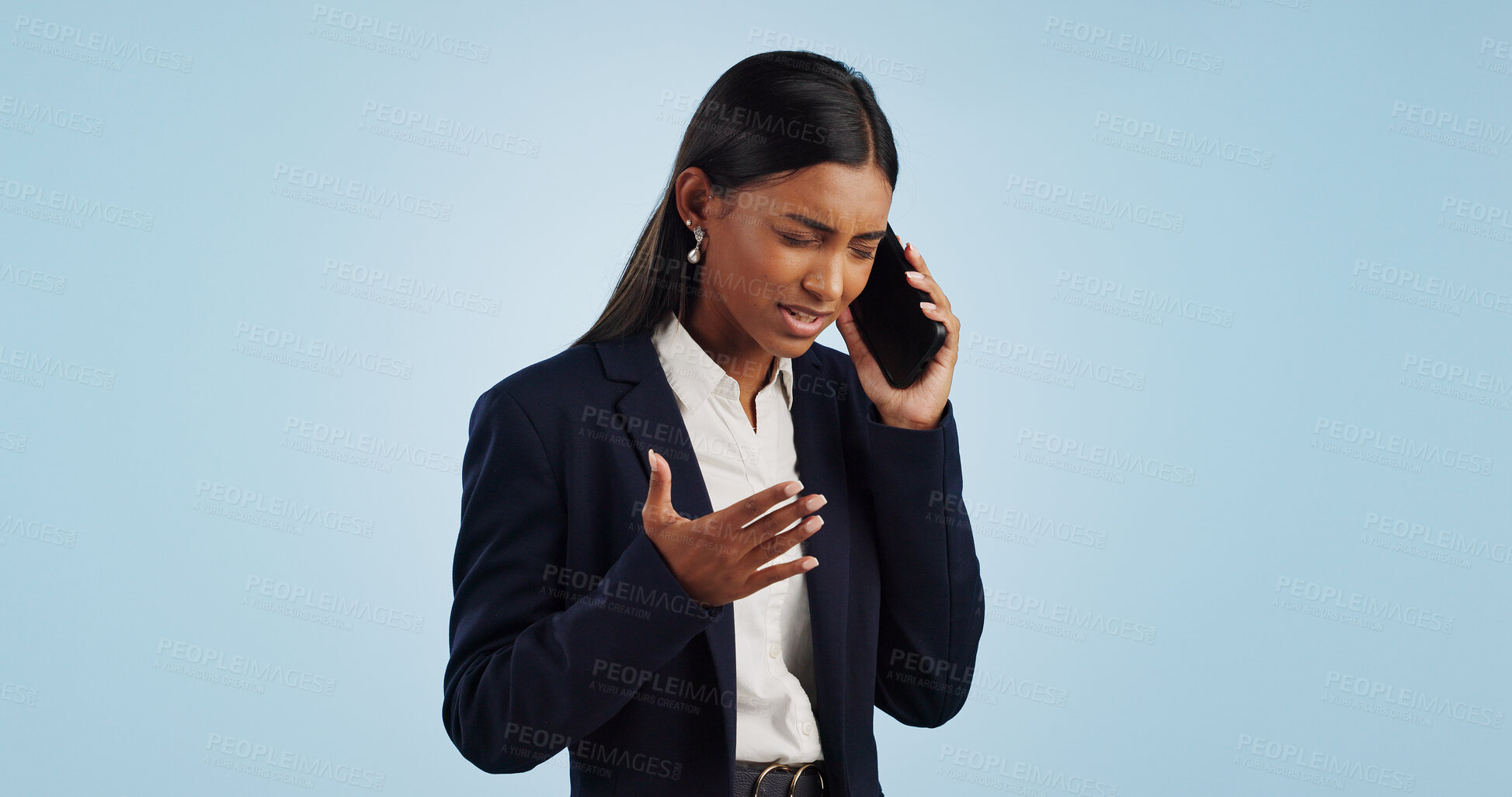 Buy stock photo Business, phone call and woman with stress, angry and employee isolated on a blue studio background. Mockup space, person and entrepreneur with a smartphone, connection and frustrated with emotions