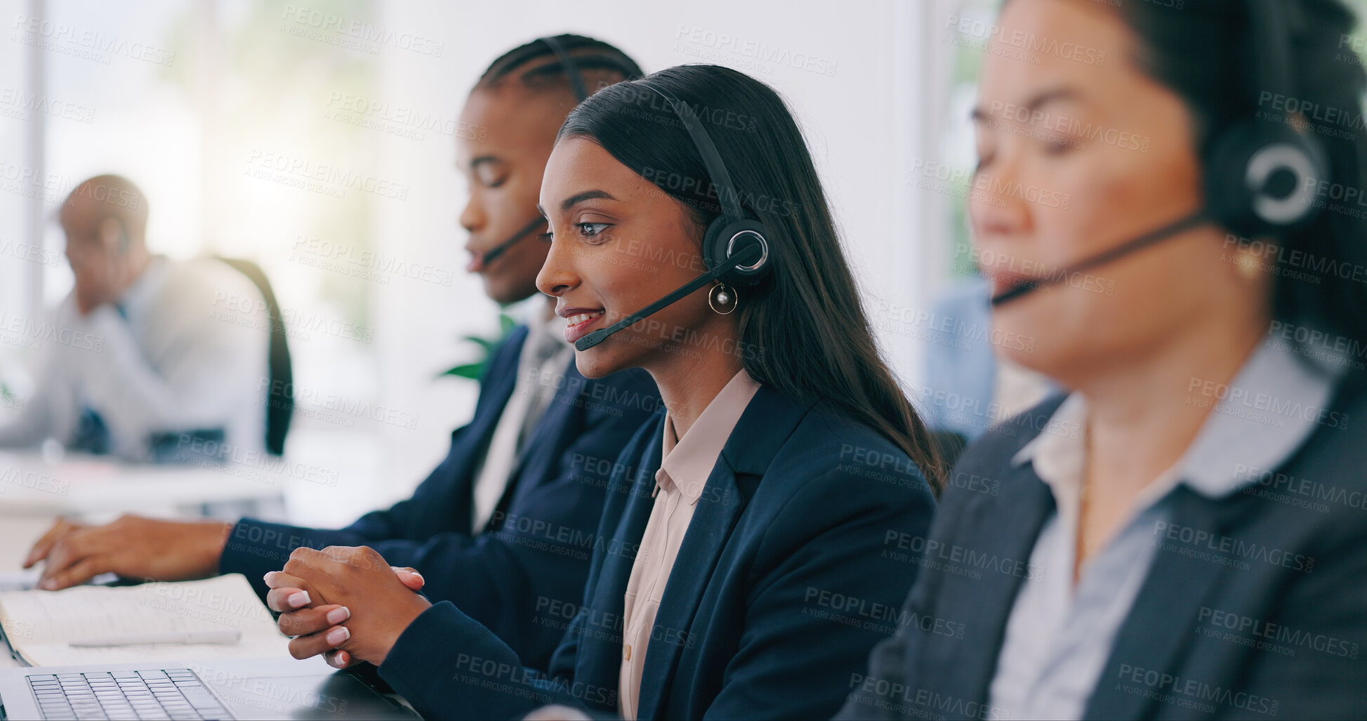 Buy stock photo Call center, customer support and an indian woman with a headset in her office for help or assistance. Telemarketing, contact us or question with a young employee working on a laptop at her desk
