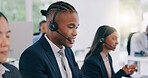 Business people, telemarketing and call center with conversation, black man and customer service. Staff, group or professional with headphones, office and internet with crm, tech support or help desk