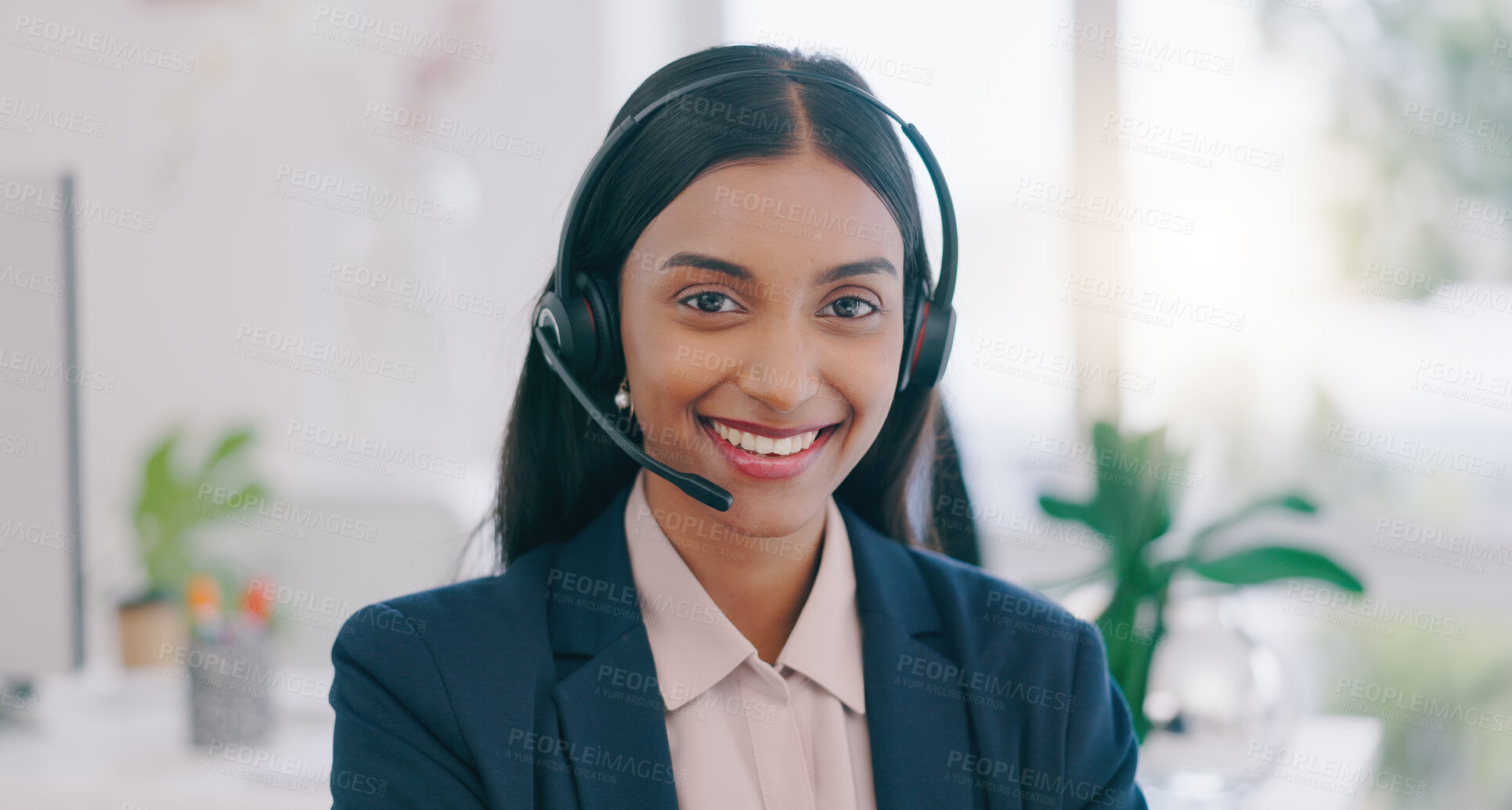 Buy stock photo Happy woman, portrait and headphones in call center for customer service or support at office. Face of friendly Indian female person, consultant or agent smile for online advice or help at workplace