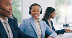 Happy black woman, portrait and headphones at call center for customer service or support at office. Face of African female person, consultant or agent smile with team for online advice in contact us