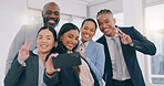 Smile, selfie and happy business people in the office for team building or bonding together. Peace sign, diversity and group of professional work friends taking a picture at modern workplace.