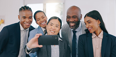 Buy stock photo Smile, selfie and happy business people in the office for team building or bonding together. Collaboration, diversity and group of professional work friends taking a picture at modern workplace.