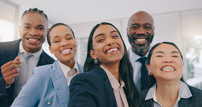 Buy stock photo Happy business people, portrait and selfie for photography, picture or team building together at office. Face of employee group smile in diversity for community, teamwork or fun friends at workplace