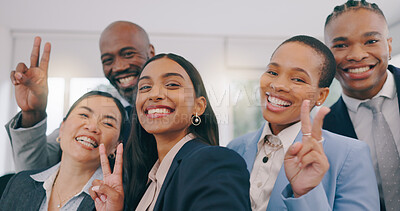 Buy stock photo Happy business people, portrait and selfie with peace sign for photography, picture or team building together at office. Face of employee group smile for diversity, community or teamwork at workplace