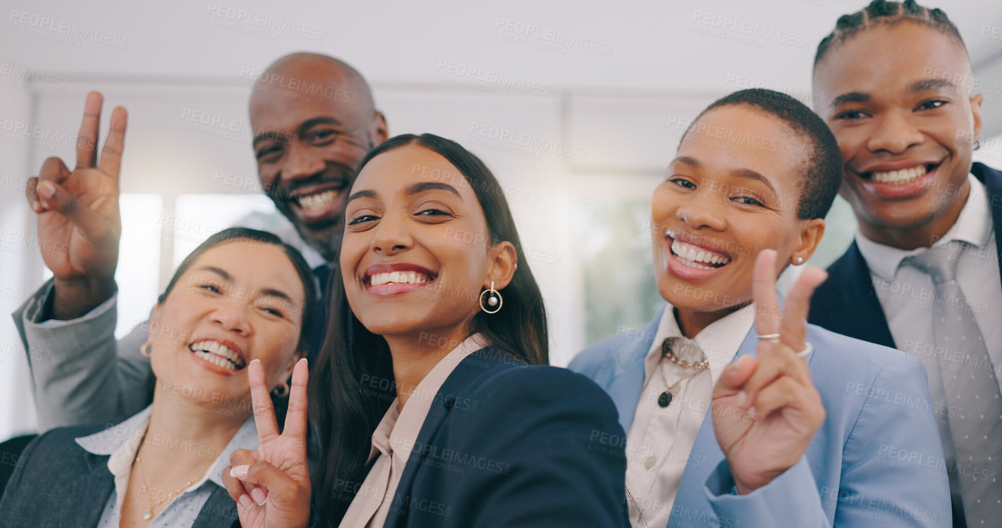 Buy stock photo Happy business people, portrait and selfie with peace sign for photography, picture or team building together at office. Face of employee group smile for diversity, community or teamwork at workplace