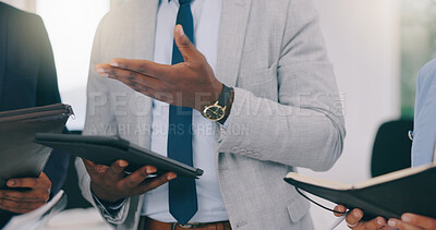 Buy stock photo Closeup, hands and business people with tablet, meeting and technology with circle, notebook and social media. Staff, group or employees with documents, unity or digital app with cooperation or ideas