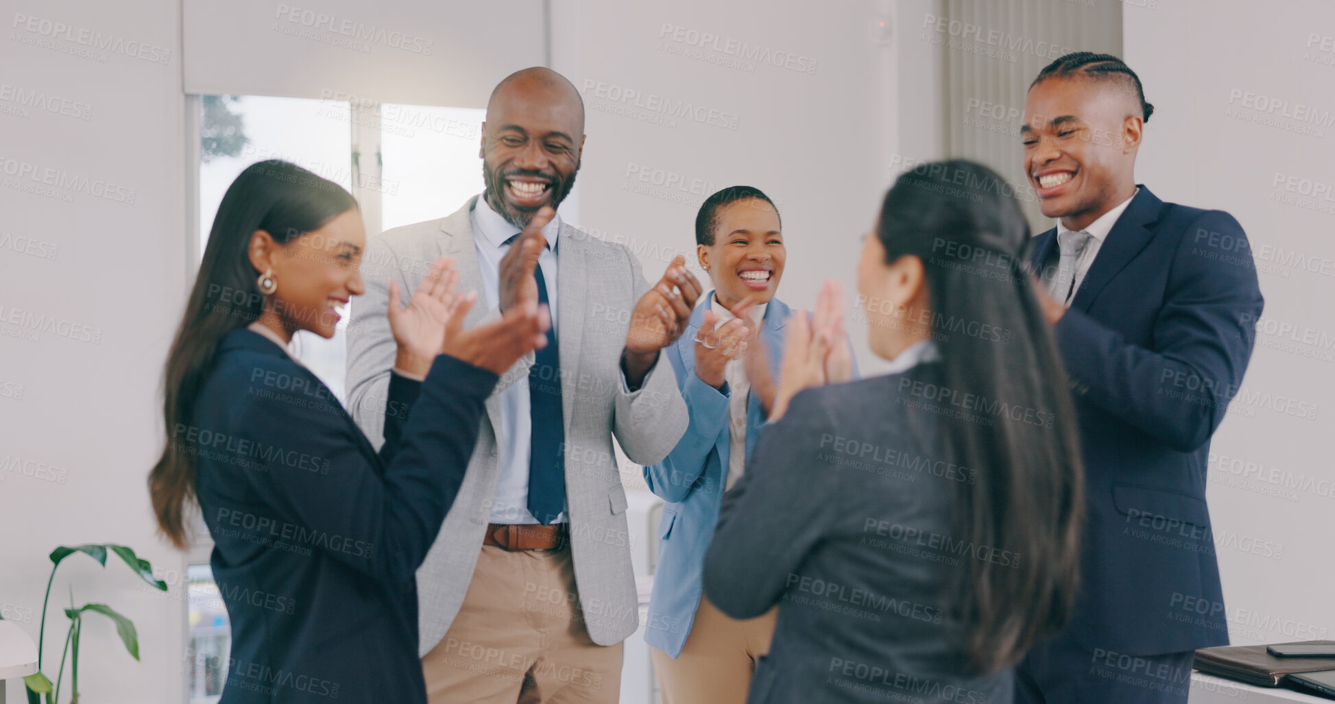 Buy stock photo Business people, applause and promotion with celebration, smile and excited with victory, winning and teamwork. Opportunity, achievement and cheering with staff, clapping and cooperation with support