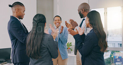 Buy stock photo Business people, applause and promotion with celebration, excited and cooperation with victory, winning and teamwork. Opportunity, achievement and cheering with staff, clapping and collaboration