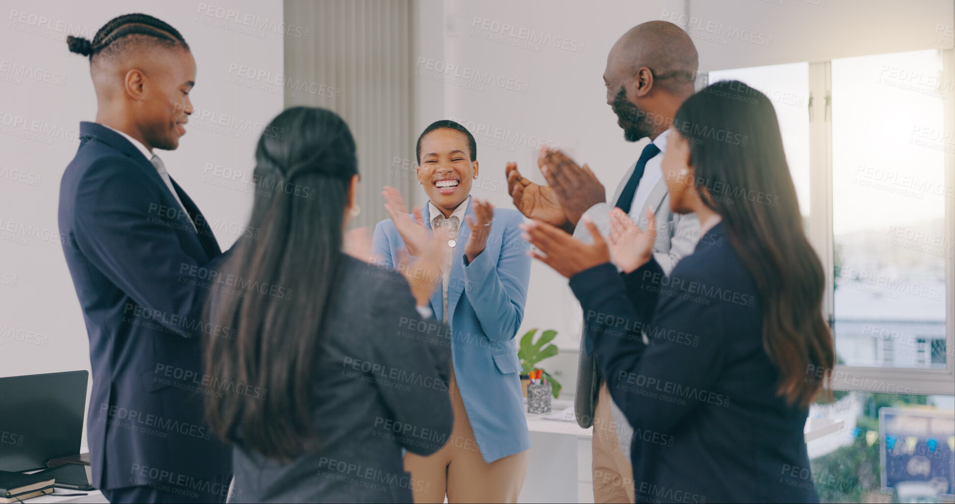 Buy stock photo Business people, applause and promotion with celebration, excited and cooperation with victory, winning and teamwork. Opportunity, achievement and cheering with staff, clapping and collaboration