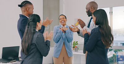 Buy stock photo Business people, applause and promotion with celebration, support and excited with victory, winning and teamwork. Opportunity, achievement or cheering with staff, clapping or collaboration with prize