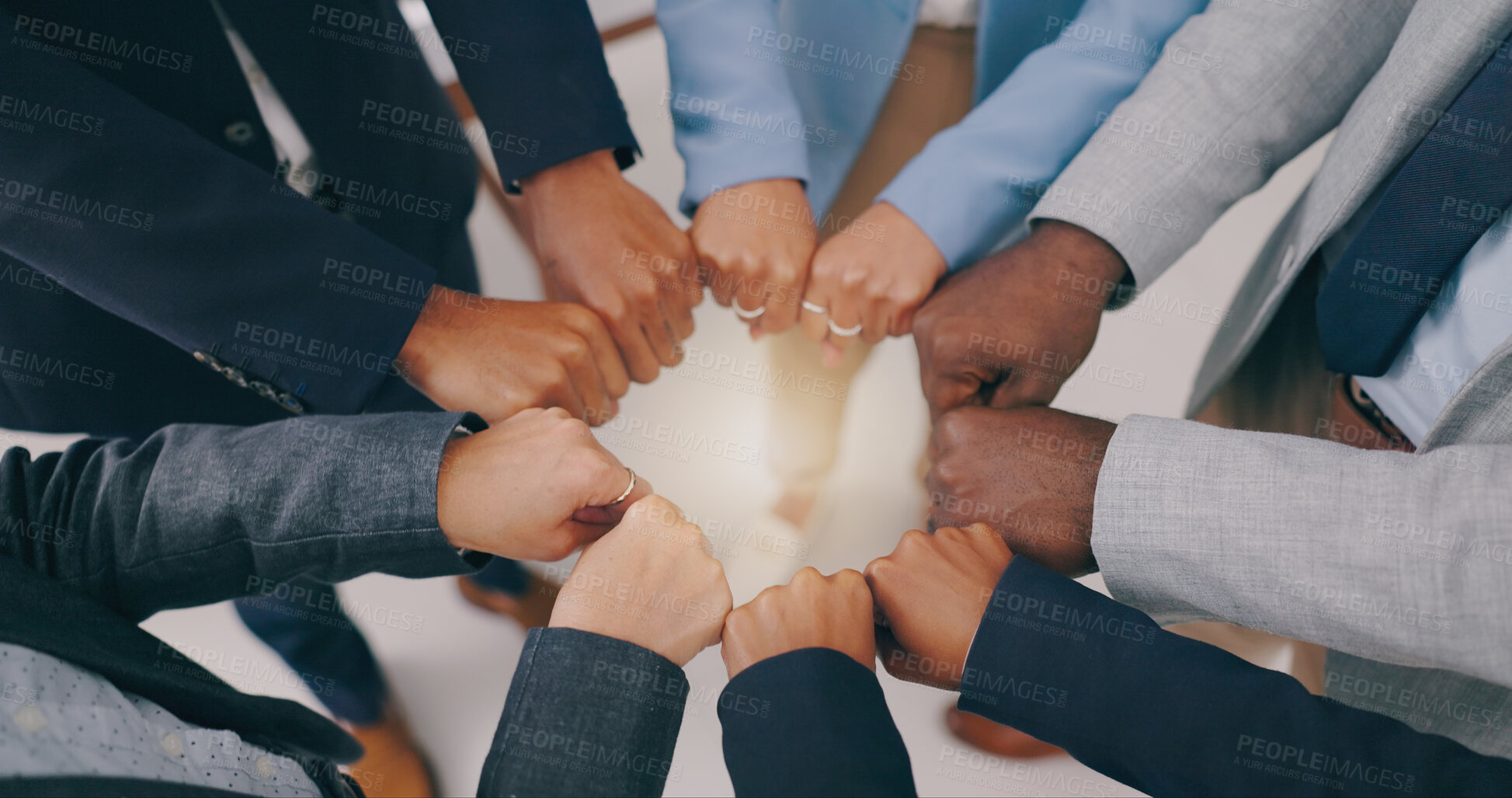 Buy stock photo Business people, teamwork and fist of hands in circle for collaboration, synergy and motivation of global equality from above. Closeup, corporate group and cooperation for support, inclusion or trust