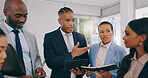 Business people, tablet and coaching team in meeting for schedule, planning or strategy at office. Businessman talking to employees on technology for project plan, ideas or collaboration at workplace