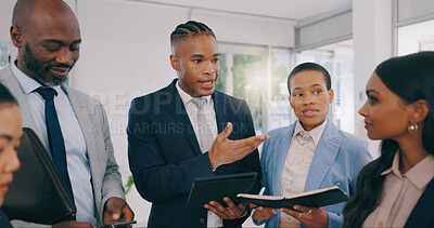 Buy stock photo Business people, tablet and coaching team in meeting for schedule, planning or strategy at office. Businessman talking to employees on technology for project plan, ideas or collaboration at workplace