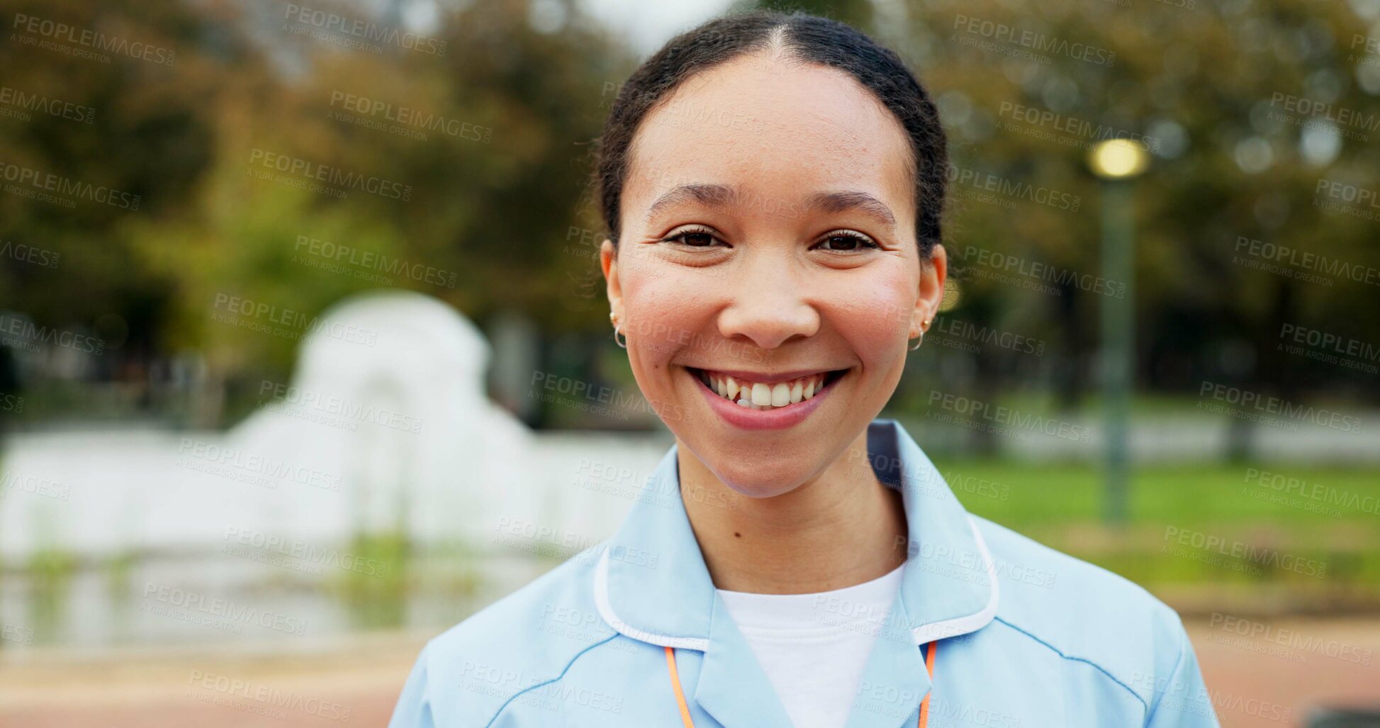 Buy stock photo Professional nurse woman, outdoor and face with smile, young and excited for medical career in Toronto. Doctor lady, park and nature for walk, wellness and healthcare in summer sunshine in portrait