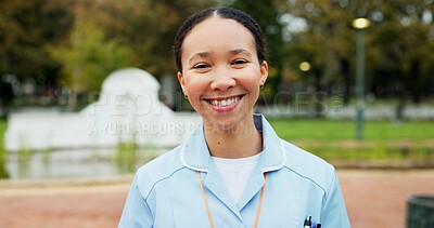 Professional nurse woman, park and face with smile, young and excited for healthcare career in Toronto. Medic girl, outdoor and nature for walk, wellness and happy in summer sunshine in portrait